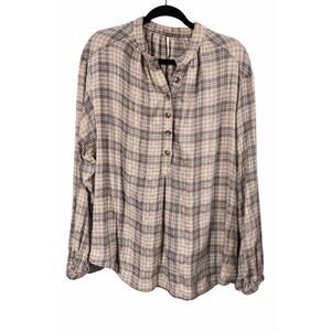 Free People We The Free Plaid Henley Top M Boho Western Prairie Billowy Sleeve